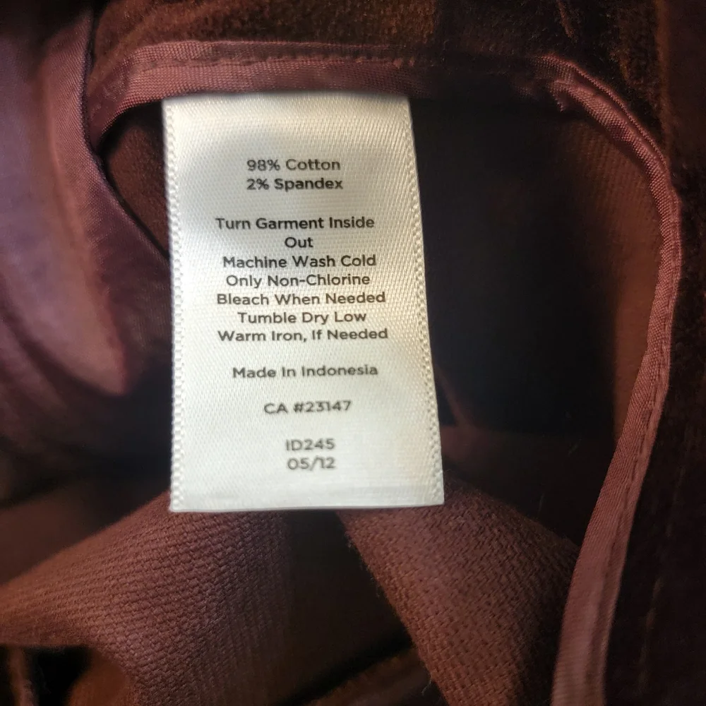 Talbots Curvy Velvet Dark Burgandy Side Zip Pants‎ Womens Plus Size 16 Office